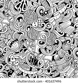 Cartoon hand-drawn handmade and sewing doodles seamless pattern. Line art detailed, with lots of objects vector background