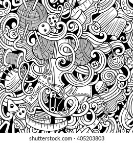 Cartoon hand-drawn handmade and sewing doodles seamless pattern. Line art detailed, with lots of objects vector background