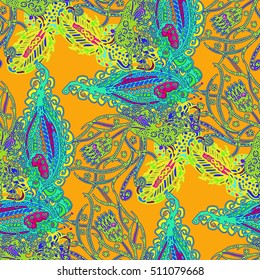 Cartoon handdrawn handmade and sewing doodles seamless pattern. Colorful detailed with lot objects vector backdrop. 