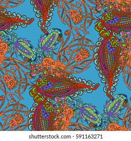 Cartoon handdrawn handmade and sewing doodles seamless pattern. Colorful detailed with lot objects vector backdrop. Seamless abstract hand-drawn waves pattern, wavy background. Zentangle inspired art