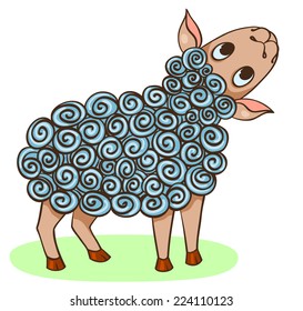 Cartoon hand-drawn happy sheep. Vector illustration. Isolated on white.