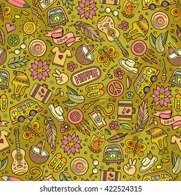 Cartoon hand-drawn hippie doodles seamless pattern. Colorful detailed, with lots of objects vector background