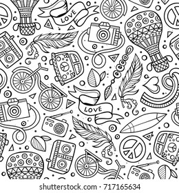 Cartoon hand-drawn hippie doodles seamless pattern. Line art detailed, with lots of objects vector background