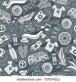 Cartoon hand-drawn hippie doodles seamless pattern. Toned detailed, with lots of objects vector background