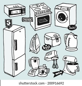 Cartoon hand-drawn household appliances for cooking and cleaning. Electric teapot, stove, washing machine, microwave, multi cooker, blender, mixer, food processor, frige, flatiron. Vector images set.