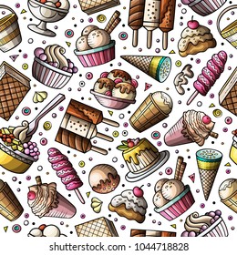 Cartoon hand-drawn ice cream doodles seamless pattern. Colorful detailed, with lots of objects vector background