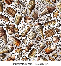 Cartoon hand-drawn ice cream doodles seamless pattern. Colorful detailed, with lots of objects vector background