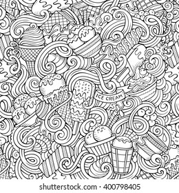 Cartoon handgezeichnet Eis Doodles nahtloses Muster. Detaillierte Line Art, mit vielen Objekten, Vektorhintergrund