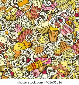 Cartoon hand-drawn ice cream doodles seamless pattern. Colorful detailed, with lots of objects vector background