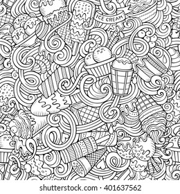 Cartoon hand-drawn ice cream doodles seamless pattern. Line art detailed, with lots of objects vector background