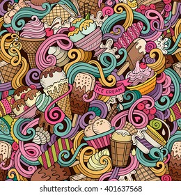 Cartoon hand-drawn ice cream doodles seamless pattern. Colorful detailed, with lots of objects vector background