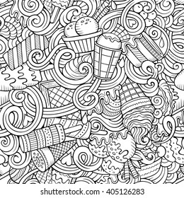 Cartoon hand-drawn ice cream doodles seamless pattern. Line art detailed, with lots of objects vector background