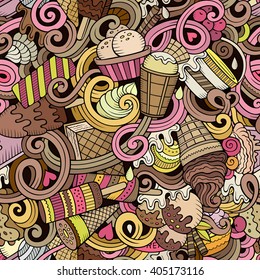 Cartoon hand-drawn ice cream doodles seamless pattern. Colorful detailed, with lots of objects vector background