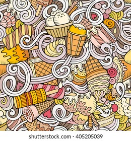 Cartoon hand-drawn ice cream doodles seamless pattern. Colorful detailed, with lots of objects vector background