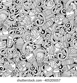 Cartoon hand-drawn ice cream doodles seamless pattern. Line art detailed, with lots of objects vector background