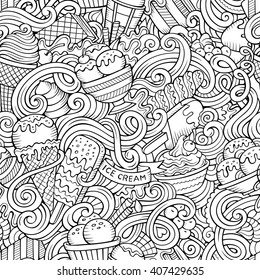 Cartoon hand-drawn ice cream doodles seamless pattern. Line art detailed, with lots of objects vector background