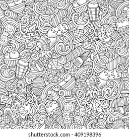 Cartoon hand-drawn ice cream doodles seamless pattern. Line art detailed, with lots of objects vector background