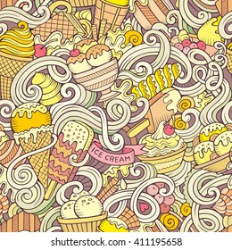 Cartoon hand-drawn ice cream doodles seamless pattern. Colorful detailed, with lots of objects vector background