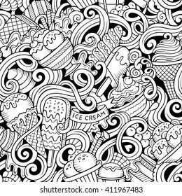 Cartoon hand-drawn ice cream doodles seamless pattern. Line art detailed, with lots of objects vector background