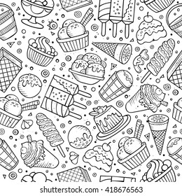 Cartoon hand-drawn ice cream doodles seamless pattern. Sketchy detailed, with lots of objects vector background