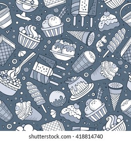 Cartoon hand-drawn ice cream doodles seamless pattern. Sketchy detailed, with lots of objects vector background