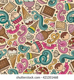 Cartoon hand-drawn ice cream doodles seamless pattern. Colorful detailed, with lots of objects vector background