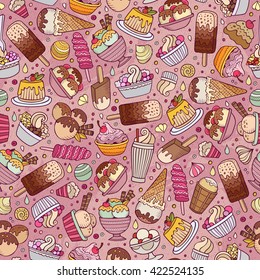 Cartoon hand-drawn ice cream doodles seamless pattern. Colorful detailed, with lots of objects vector background