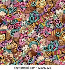 Cartoon hand-drawn ice cream doodles seamless pattern. Colorful detailed, with lots of objects vector background