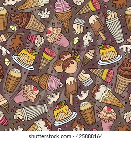 Cartoon hand-drawn ice cream doodles seamless pattern. Colorful detailed, with lots of objects vector background