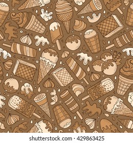 Cartoon hand-drawn ice cream doodles seamless pattern. Colorful detailed, with lots of objects vector background