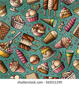 Cartoon hand-drawn ice cream doodles seamless pattern. Colorful detailed, with lots of objects vector background 