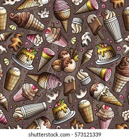 Cartoon hand-drawn ice cream doodles seamless pattern. Colorful detailed, with lots of objects vector background