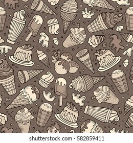 Cartoon hand-drawn ice cream doodles seamless pattern. Colorful detailed, with lots of objects vector background