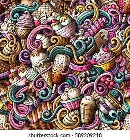 Cartoon hand-drawn ice cream doodles seamless pattern. Colorful detailed, with lots of objects vector background