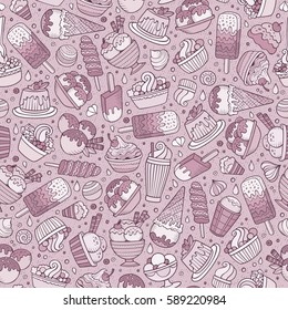 Cartoon hand-drawn ice cream doodles seamless pattern. Monochrome detailed, with lots of objects vector background