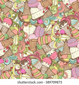 Cartoon hand-drawn ice cream doodles seamless pattern. Colorful detailed, with lots of objects vector background