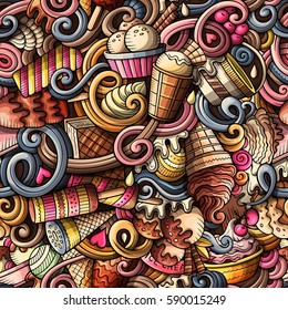 Cartoon hand-drawn ice cream doodles seamless pattern. Colorful detailed, with lots of objects vector background