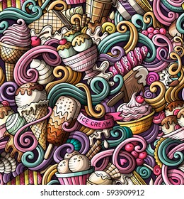 Cartoon hand-drawn ice cream doodles seamless pattern. Colorful detailed, with lots of objects vector background