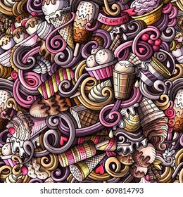 Cartoon hand-drawn ice cream doodles seamless pattern. Colorful detailed, with lots of objects vector background