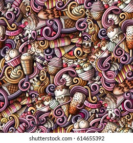 Cartoon hand-drawn ice cream doodles seamless pattern. Colorful detailed, with lots of objects vector background