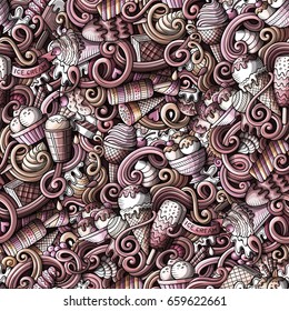Cartoon hand-drawn ice cream doodles seamless pattern. onochrome detailed, with lots of objects vector background