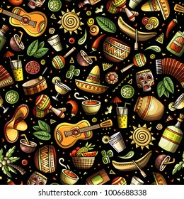 Cartoon hand-drawn latin american, mexican seamless pattern. Lots of symbols, objects and elements. Perfect funny vector background.