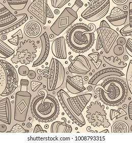 Cartoon hand-drawn latin american, mexican food seamless pattern. Lots of symbols, objects and elements. Perfect funny vector background.