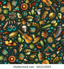 Cartoon hand-drawn latin american, mexican seamless pattern. Lots of symbols, objects and elements. Perfect funny vector background.