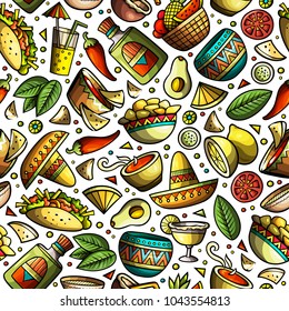 Cartoon hand-drawn latin american, mexican seamless pattern. Lots of symbols, objects and elements. Perfect funny vector background.