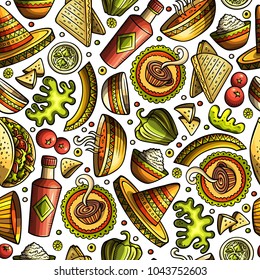 Cartoon hand-drawn latin american, mexican food seamless pattern. Lots of symbols, objects and elements. Perfect funny vector background.