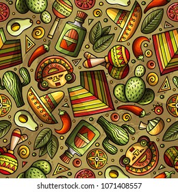 Cartoon hand-drawn latin american, mexican seamless pattern. Lots of symbols, objects and elements. Perfect funny vector background.
