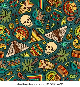 Cartoon hand-drawn latin american, mexican seamless pattern. Lots of symbols, objects and elements. Perfect funny vector background.
