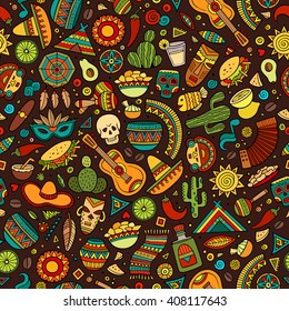 Cartoon Hand-drawn Latin American, Mexican Seamless Pattern. Lots Of Symbols, Objects And Elements. Perfect Funny Vector Background.