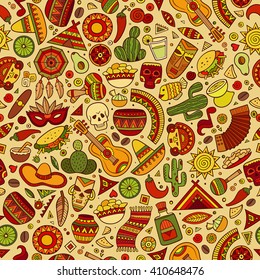 Cartoon hand-drawn latin american, mexican seamless pattern. Lots of symbols, objects and elements. Perfect funny vector background.